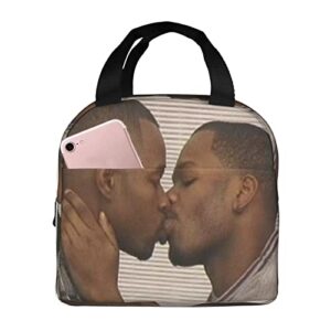 two black men kissing meme reusable insulated lunch bag for women men waterproof tote lunch box thermal cooler lunch tote bag for work office travel picnic