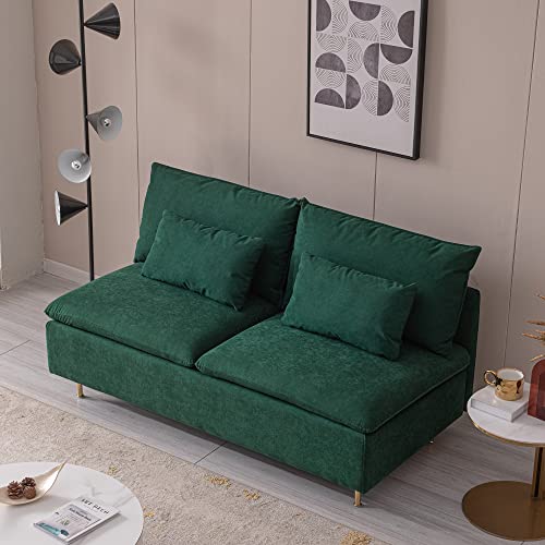 JULYFOX Emerald Green Loveseat Sofa Armless, 60 in Overstuffed Mid Century Modern Fabric Couch Pillow Back 700 lbs Heavy Duty for Small Spaces