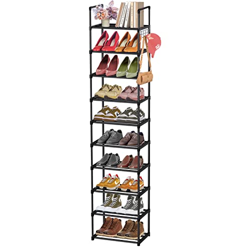 Narrow Tall Shoe Rack, 10 Tiers Metal Tall Vertical Shoe Rack for Closet Entryway 20-24 Pairs Shoe Shelf Shoe Stand Tower, Black Sturdy Free Standing Shoe Rack Organizer