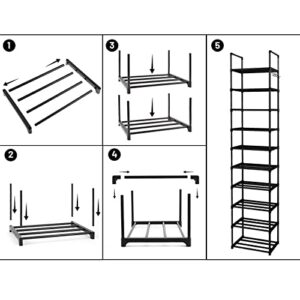 Narrow Tall Shoe Rack, 10 Tiers Metal Tall Vertical Shoe Rack for Closet Entryway 20-24 Pairs Shoe Shelf Shoe Stand Tower, Black Sturdy Free Standing Shoe Rack Organizer