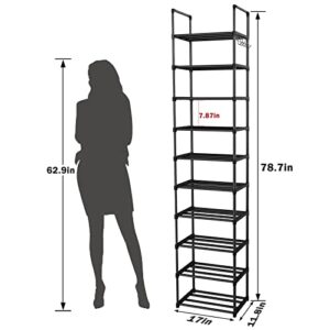 Narrow Tall Shoe Rack, 10 Tiers Metal Tall Vertical Shoe Rack for Closet Entryway 20-24 Pairs Shoe Shelf Shoe Stand Tower, Black Sturdy Free Standing Shoe Rack Organizer