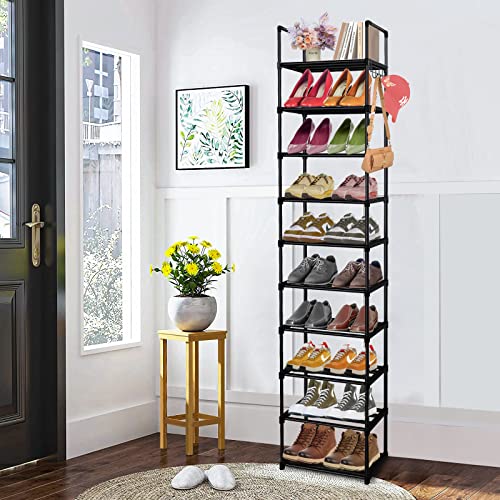 Narrow Tall Shoe Rack, 10 Tiers Metal Tall Vertical Shoe Rack for Closet Entryway 20-24 Pairs Shoe Shelf Shoe Stand Tower, Black Sturdy Free Standing Shoe Rack Organizer