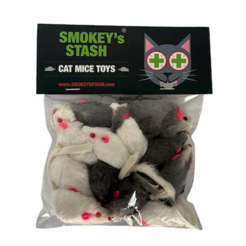 Smokey's Stash Rabbit Fur Mouse Cat Toy 12 per Pack White and Gray Fuzzy Toys for Cats with Rattle Realistic Fake mice (12)