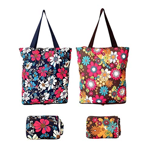 Kitchen Reusable Grocery Shopping Bags Foldable Tote Bag with Zipper Folding Floral Heavy Duty 2 Pack