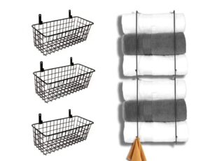 2 set towel rack holder, wall mounted metal towel shelf with hooks，3 set hanging wire baskets,wall mount fruit basket,no drilling
