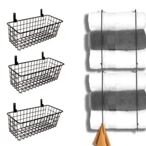 2 Set Towel Rack Holder, Wall Mounted Metal Towel Shelf with Hooks，3 Set Hanging Wire Baskets,Wall Mount Fruit Basket,No Drilling