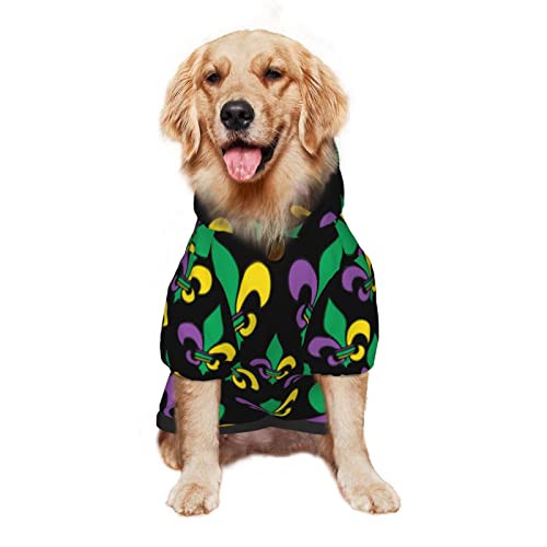 Large Dog Hoodie Mardi-Gras-Carnival-Fleur-De-Lis Pet Clothes Sweater with Hat Soft Cat Outfit Coat Medium