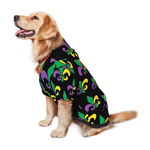 Large Dog Hoodie Mardi-Gras-Carnival-Fleur-De-Lis Pet Clothes Sweater with Hat Soft Cat Outfit Coat Medium