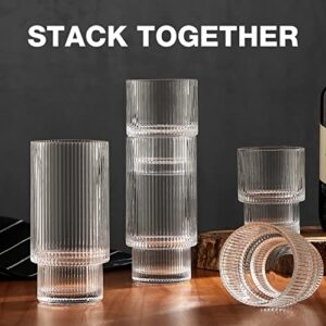 Gencywe 8 Pack Drinking Glasses, 4pcs Highball Glasses (11oz) & 4pcs Rocks Glasses (6oz), Vintage Glass Cups, Elegant Ribbed Glassware, Iced Coffee Glasses, Glass Tumbler for Cocktail, Whiskey, Juice