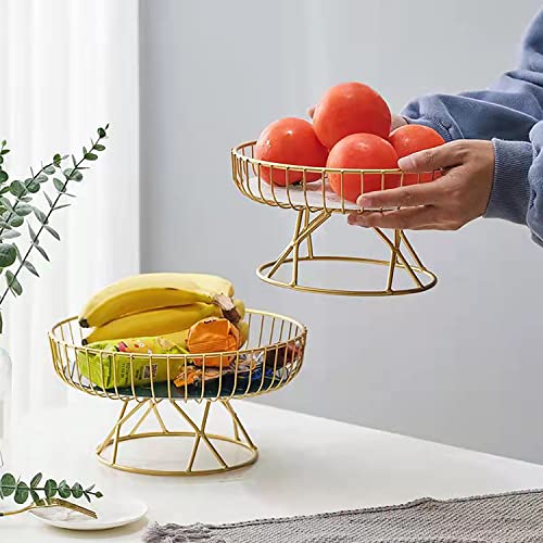 wentian Fruit Bowl 2 in 1 Iron Fruit Basket and Glass Tray Countertop Vegetables Storage Basket (Gold and white)