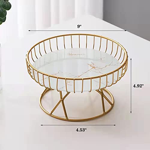 wentian Fruit Bowl 2 in 1 Iron Fruit Basket and Glass Tray Countertop Vegetables Storage Basket (Gold and white)