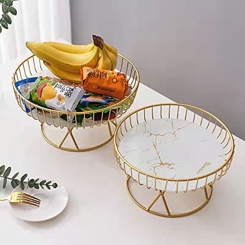 wentian Fruit Bowl 2 in 1 Iron Fruit Basket and Glass Tray Countertop Vegetables Storage Basket (Gold and white)
