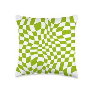 retro trippy funky checker groovy 70s hippie co. checkered wavy swirl checkerboard indie aesthetic lime green throw pillow, 16x16, multicolor