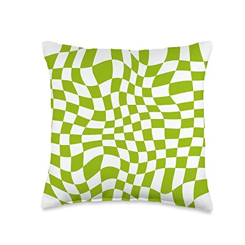 Retro Trippy Funky Checker Groovy 70s Hippie Co. Checkered Wavy Swirl Checkerboard Indie Aesthetic Lime Green Throw Pillow, 16x16, Multicolor