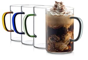 clear glass coffee mugs set of 4 – 17 oz large coffee mugs ideal for latte, cappuccino, tea – premium glass mugs for hot beverages with colored handles – dishwasher and microwave safe latte mugs