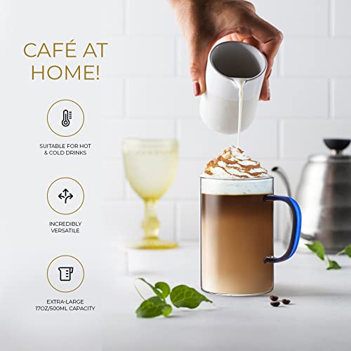 Clear Glass Coffee Mugs Set of 4 – 17 Oz Large Coffee Mugs Ideal for Latte, Cappuccino, Tea – Premium Glass Mugs for Hot Beverages with Colored Handles – Dishwasher and Microwave Safe Latte Mugs