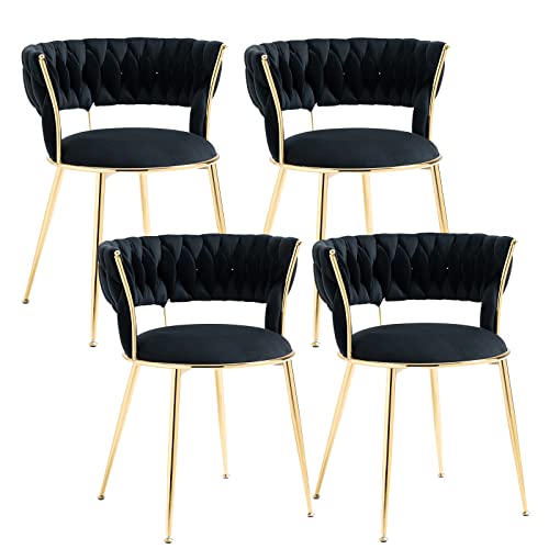 SmartDer Velvet Dining Chairs Set of 4, Upholstered Dining Room Chairs with Woven Backrest, Modern Kitchen Dinner Chair, Tufted Accent Vanity Armchair for Dining Room, Living Room, Bedroom, Black