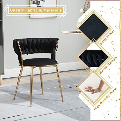 SmartDer Velvet Dining Chairs Set of 4, Upholstered Dining Room Chairs with Woven Backrest, Modern Kitchen Dinner Chair, Tufted Accent Vanity Armchair for Dining Room, Living Room, Bedroom, Black