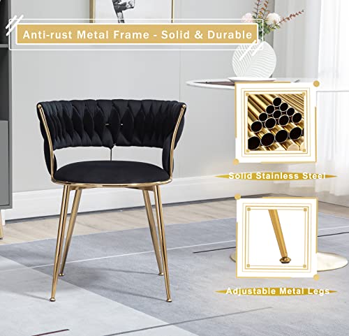 SmartDer Velvet Dining Chairs Set of 4, Upholstered Dining Room Chairs with Woven Backrest, Modern Kitchen Dinner Chair, Tufted Accent Vanity Armchair for Dining Room, Living Room, Bedroom, Black