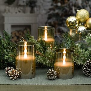 Softflame Flickering Flameless Glass LED Candles with Remote Control, 3D Flame Battery Operated Candles in Real Wax for Indoor Use and Home décor, Set of 3: 3"x4", 3"x5", 3"x6" Gray