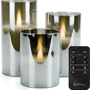 Softflame Flickering Flameless Glass LED Candles with Remote Control, 3D Flame Battery Operated Candles in Real Wax for Indoor Use and Home décor, Set of 3: 3"x4", 3"x5", 3"x6" Gray