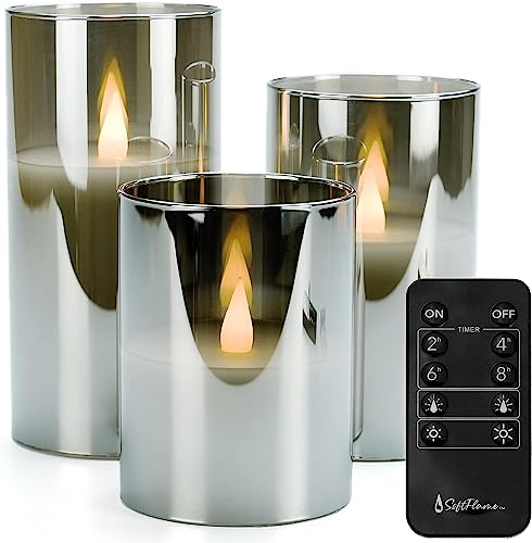 Softflame Flickering Flameless Glass LED Candles with Remote Control, 3D Flame Battery Operated Candles in Real Wax for Indoor Use and Home décor, Set of 3: 3"x4", 3"x5", 3"x6" Gray