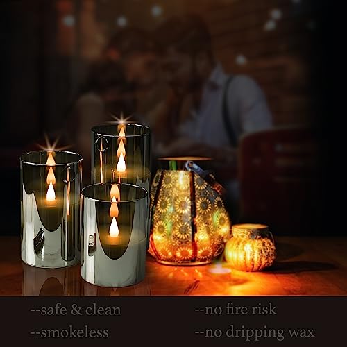 Softflame Flickering Flameless Glass LED Candles with Remote Control, 3D Flame Battery Operated Candles in Real Wax for Indoor Use and Home décor, Set of 3: 3"x4", 3"x5", 3"x6" Gray