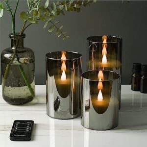 Softflame Flickering Flameless Glass LED Candles with Remote Control, 3D Flame Battery Operated Candles in Real Wax for Indoor Use and Home décor, Set of 3: 3"x4", 3"x5", 3"x6" Gray