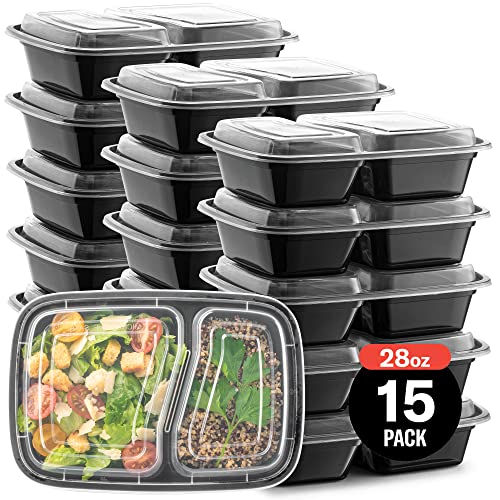 Meal Prep Plastic Microwavable Food Containers For Meal Prepping With Lids. - 2 Compartment - Black Rectangular Reusable Storage Lunch Boxes -BPA-Free Food Grade -Freezer & Dishwasher Safe (Black - 15 Pack)