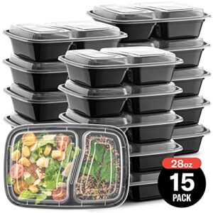 Meal Prep Plastic Microwavable Food Containers For Meal Prepping With Lids. - 2 Compartment - Black Rectangular Reusable Storage Lunch Boxes -BPA-Free Food Grade -Freezer & Dishwasher Safe (Black - 15 Pack)