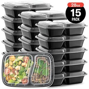 Meal Prep Plastic Microwavable Food Containers For Meal Prepping With Lids. - 2 Compartment - Black Rectangular Reusable Storage Lunch Boxes -BPA-Free Food Grade -Freezer & Dishwasher Safe (Black - 15 Pack)