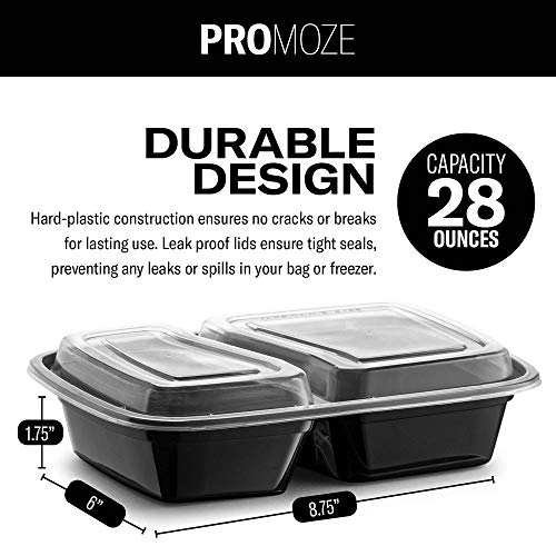 Meal Prep Plastic Microwavable Food Containers For Meal Prepping With Lids. - 2 Compartment - Black Rectangular Reusable Storage Lunch Boxes -BPA-Free Food Grade -Freezer & Dishwasher Safe (Black - 15 Pack)