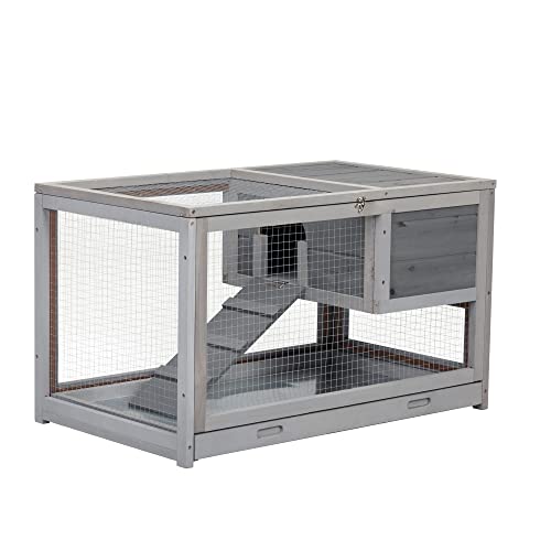 Sardoxx 35" Rabbit Hutch Large Wooden Bunny Cage Single Level Guinea Pig Hamster Hutch with Removable Tray, Small Animals Bunny Cage Indoor/Outdoor for Rest and Run, Mini Lounge, Easy Clean, Grey