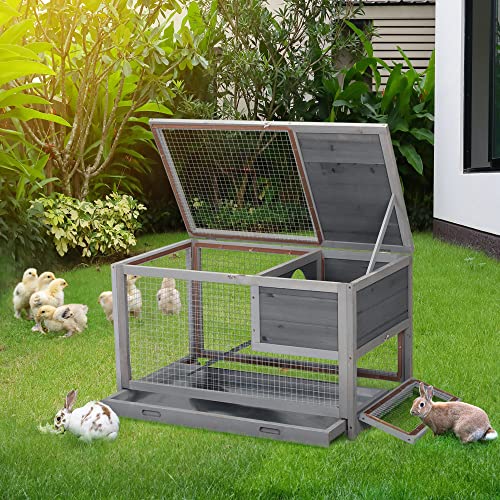 Sardoxx 35" Rabbit Hutch Large Wooden Bunny Cage Single Level Guinea Pig Hamster Hutch with Removable Tray, Small Animals Bunny Cage Indoor/Outdoor for Rest and Run, Mini Lounge, Easy Clean, Grey