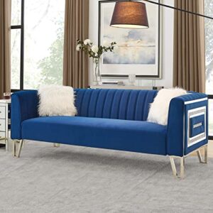 calabash 3-seater sofa with mirrored side trim with faux diamonds and metal legs, channel tufted velvet couch with 2 pillows (blue, 3 seater sofa)
