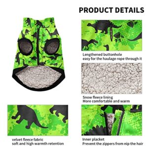 Kigai Green Dinosaurs Dog Coat Fleece Warm Windproof Pet Clothes for Snow Cold Weather, Soft Cozy Breathable Dog Winter Jacket for Small Medium Large Dogs with Leash Hole Pet Coat(XXS - XL)