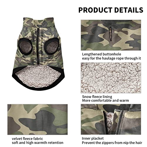 Kigai Camo Dog Coat Fleece Warm Windproof Pet Clothes for Snow Cold Weather, Soft Cozy Breathable Dog Winter Jacket for Small Medium Large Dogs with Leash Hole Pet Coat(XXS - XL)