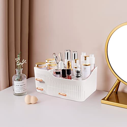 Diesisa Makeup Organizer, Cosmetic Organizer Countertop, Bathroom and Bedroom Desk Cosmetics Organizer, Large Capacity 3 Drawer for Cosmetics, Lotions, Lipsticks, Nail Care, Brushes - White