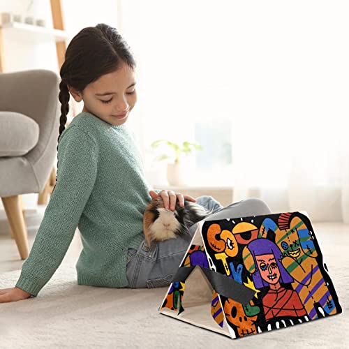 Y-DSIWX Guinea Pig Hideout Cozy Hamster House Cave for Bunny Chinchilla Hedgehog Small Animal Funny Monsters Retro Graffiti