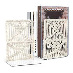 2 pieces boho macrame bookends metal book stopper farmhouse modern decorative book ends movies cd book holders for office home book shelf (7.9x5.9x3.6 inch)
