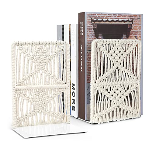 2 Pieces Boho Macrame Bookends Metal Book Stopper Farmhouse Modern Decorative Book Ends Movies CD Book Holders for Office Home Book Shelf (7.9x5.9x3.6 inch)