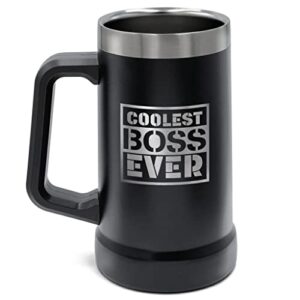 galvanox boss gift xl stainless steel beer mug - insulated 24oz large beer stein with handle for christmas/office appreciation day, gift boxed tumbler cup (laser etched “coolest boss ever”)