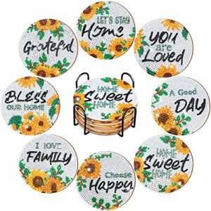 8 pcs diamond coasters farmhouse for painting with holder diy inspirational rustic absorbent coasters for drinks 4 inch diamond painting kit for outdoor (sunflowers)