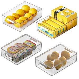 vacane 4 pack plastic shallow storage organizer box containers with lids, stackable pantry organizer built-in handles refrigerator organizer, storage cube hold food, snacks, makeup, toys-clear
