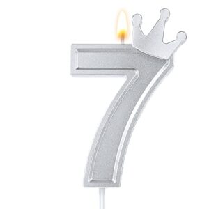 3inch crown number candle, 3d birthday number candle cake topper with crown cake numeral candles number candles for birthday anniversary parties (silver, 7)