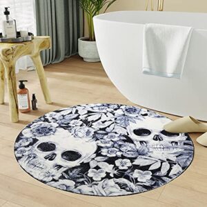 GEVES Black Skull Round Area Rug Turquoise Floral Rugs for Bedroom Kids' Room Living Room Bathroom 3ft Carpet Accent Throw Rugs Indoor Use Non-Slip Easy to Clean