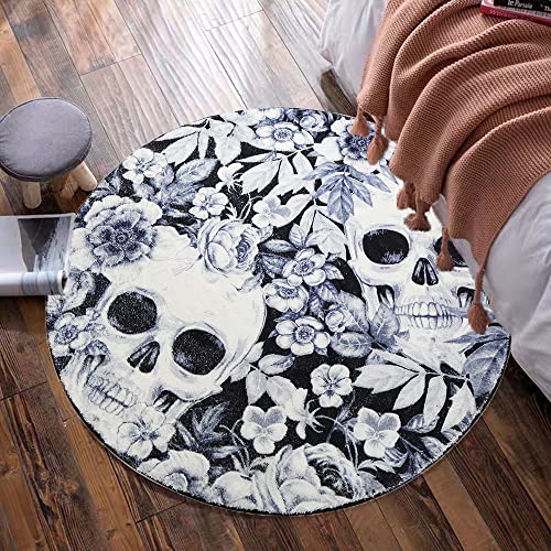 GEVES Black Skull Round Area Rug Turquoise Floral Rugs for Bedroom Kids' Room Living Room Bathroom 3ft Carpet Accent Throw Rugs Indoor Use Non-Slip Easy to Clean