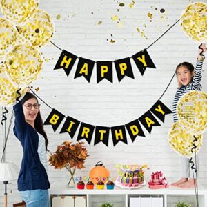 CHRORINE Black Happy Birthday Banner Bunting 8pcs Gold Confetti Balloon for Birthday Party Supplies