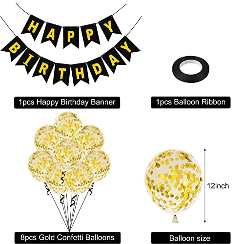 CHRORINE Black Happy Birthday Banner Bunting 8pcs Gold Confetti Balloon for Birthday Party Supplies