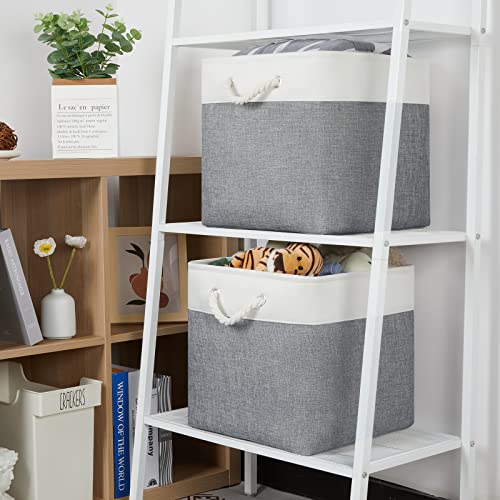 Temary Fabric Baskets 13 Inch Cube Storage Baskets with Rope Handle, Storage Cube Bins Clothes Basket for Gift, Large Storage Baskets for Storage Toys, Books, Blankets (White&Gray)